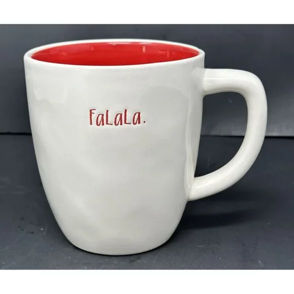 RAE DUNN FALALA White Coffee Mug Stem Font Red Interior 20 oz Christmas Magenta - Picture 1 of 8
